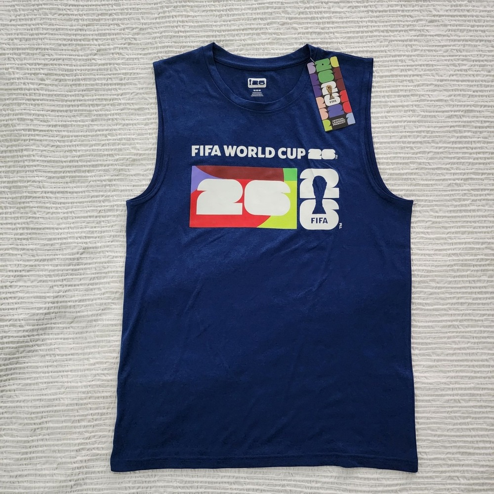 FIFA World Cup 26 Men's Small Muscle Tank Top Navy Blue Graphic Soccer Tee